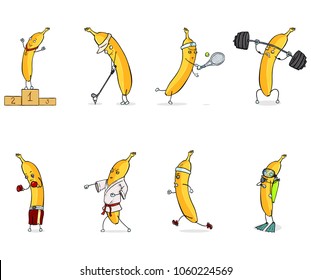 Vector Set of Cartoon Banana Characters Doing Sports and Trainings