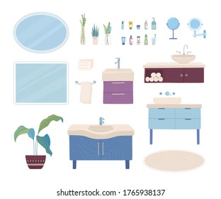 Vector set of cartoon bathroom interior items. Sink, faucet, mirror, closet, home decoration, flower, towel, cream, lotion, serum, shampoo, toothbrush, toothpaste, and hygiene items. Flat vector icons