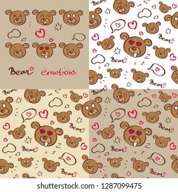 Vector set of cartoon bear emotions with patterns
