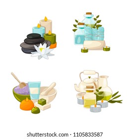 Vector set of cartoon beauty and spa elements piles illustration. Oil care, flower and candle, organic leaf and cosmetic for relaxation