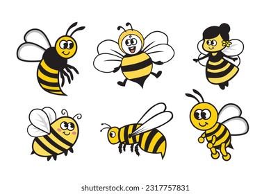 Vector set of cartoon bees. Isolated on a white background.