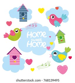 vector set cartoon birds, hearts, bird house