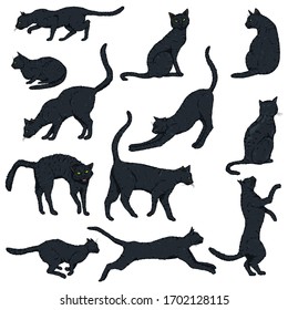 Vector Set of Cartoon Black Cats. Different Feline Poses and Variation.