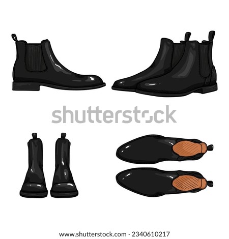 Vector Set of Cartoon Black Classic Shoes. Chelsea Boots Different Views.