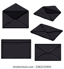 Vector Set of Cartoon Black Envelopes. Open and Sealed.