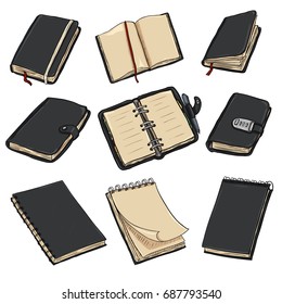 Vector Set of Cartoon Black Leather Notebooks, Notepads and Diaries