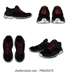 Vector Set of Cartoon Black Running Shoes. Variations of View.