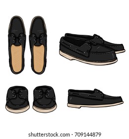Vector Set of Cartoon Black Topsider Men Shoes. Top, Side and Front View