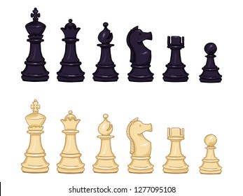 Vector Set of Cartoon Black and White Chess Pieces. Full Collection of Chess Figures.