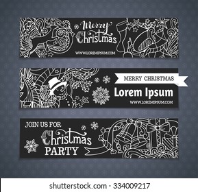 Vector set of cartoon black and white Christmas banners. Christmas tree and baubles, Santa sock and hat, holly berries, gifts, candy canes, snowman, deer. There is place for your text on black area.