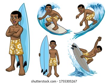 vector set of cartoon black young surfer