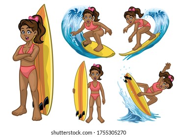 vector set of cartoon black young surfer girl