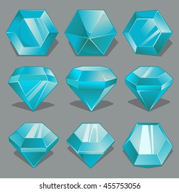 Vector set of cartoon blue gems in different perspective. 