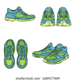 Vektorillustration Set von Cartoon Blue und Green Color Running Shoes. Variationen der Ansicht.