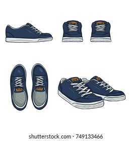 Vector Set of Cartoon Blue Skaters Shoes. Top, Side and Front Views