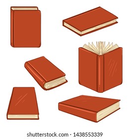 Vector Set of Cartoon Books in Red Hardcover on White Background