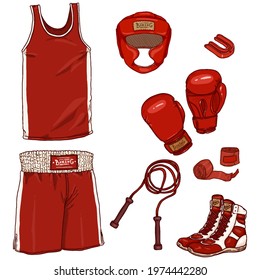 Vector Set of Cartoon Boxing Equipment. Helmet, Uniform, Gloves, Hand Wrapes, Mouthpiece and Shoes