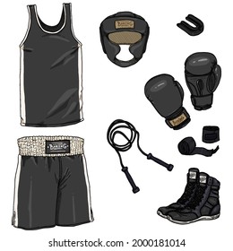 Vector Set of Cartoon Boxing Equipment. Helmet, Uniform, Gloves, Hand Wrapes, Mouthpiece and Shoes