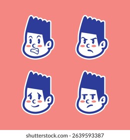 Vector set of cartoon boy faces with various negative emotions like anger, sadness, frustration, and pain. Bold blue-red design with thick outlines on pink background. Perfect for stickers or UI