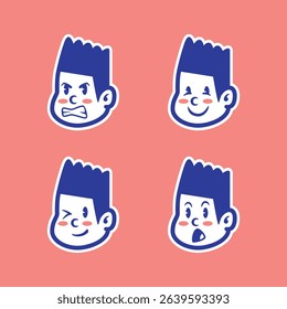 Vector set of cartoon boy faces with various negative emotions like anger, sadness, frustration, and pain. Bold blue-red design with thick outlines on pink background. Perfect for stickers or UI