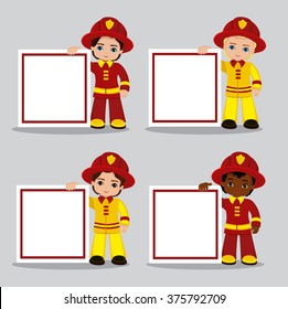 Vector set  of cartoon boy fireman  with frame.