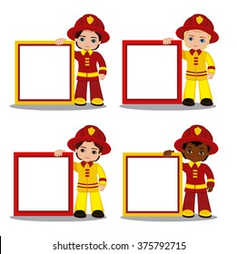 Vector set  of cartoon boy fireman  with frame.