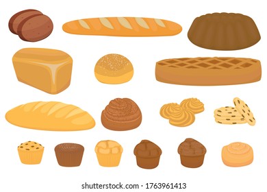 Vector set of cartoon bread. Cartoon bread or sweet  and slices of bake roll or pastry,  isolated cartoon set.