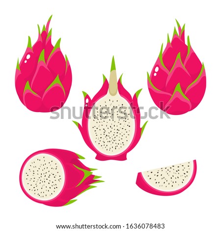 Vector set of cartoon bright whole and cut dragon fruits isolated on white. Exotic fruits used for magazine, poster, card, menu cover and web pages.