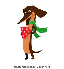 Vector set of cartoon brown funny dachshund isolated on white background. Cute, funny dog, puppy character with cup of hot tea, coffee and scarf used for magazine, book, poster, card, web pages.