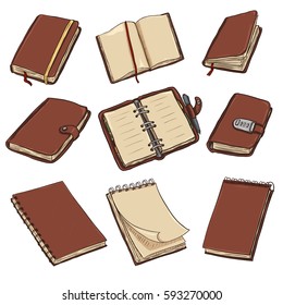 Vector Set of Cartoon Brown Leather Notebooks, Notepads and Diaries