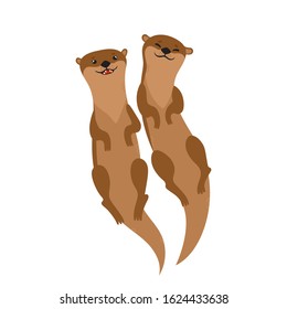 Vector set with cartoon brown otter swimming isolated on white. Pretty animal use for poster, website, brochure