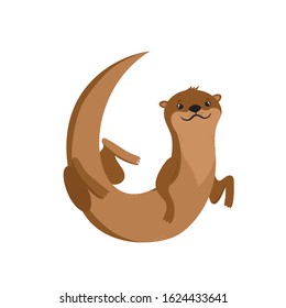 Vector set with cartoon brown otter swimming isolated on white. Pretty animal use for poster, website, brochure