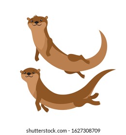 Vector set with cartoon brown otter swimming isolated on white. Pretty animal use for poster, website, brochure