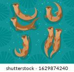 Vector set with cartoon brown otters, seaweed and bubbles on turquoise-blue background. Pretty animals use for poster, website, brochure