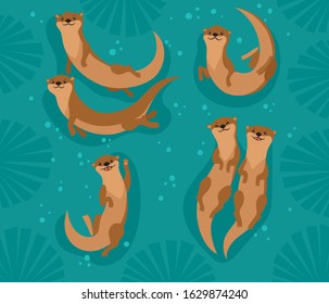 Vector set with cartoon brown otters, seaweed and bubbles on turquoise-blue background. Pretty animals use for poster, website, brochure