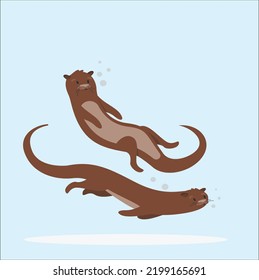 Vector set with cartoon brown otters, seaweed and bubbles on turquoise-blue background. Pretty animals use for poster, template, brochure. sea otter floating on water with kelp forest vector.