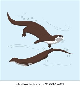 Vector set with cartoon brown otters, seaweed and bubbles on turquoise-blue background. Pretty animals use for poster, template, brochure. sea otter floating on water with kelp forest vector.