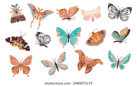 Vector set of cartoon butterflies and moths isolated on white background.Flying insect icons with floral and animal ornament.Design for card,poster,sticker.Print on fabric and paper.Flat illustration.