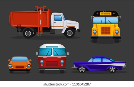 Vector set of cartoon cars - public transportation or private vehicles. School bus, garbage truck and sport automobile in side, front view. Colorful collection