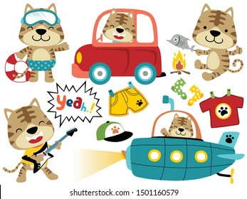 Vector set of cartoon cat in different activity, pet toys elements illustration