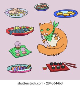 Vector set with cartoon cat and seafood. 