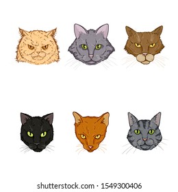 Vector Set of Cartoon Cats Faces. Feline Portraits.