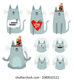 vector set of cartoon cats. yoga, meditation, sweet home, the cat is sleeping, the cat is playing, emotions.

