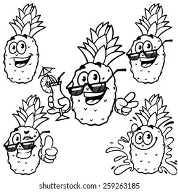 Vector set cartoon character - Happy pineapple. Outline illustration on a white background
