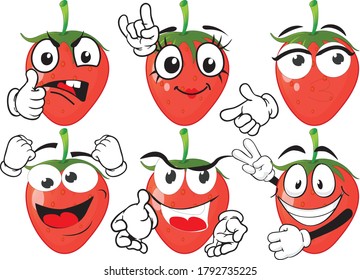 Vector set of cartoon character with many expressions. Strawberry