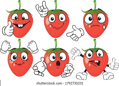 Vector set of cartoon character with many expressions. Strawberry