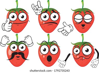 Vector set of cartoon character with many expressions. Strawberry