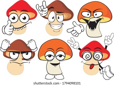 Vector set of cartoon character with many expressions. Mashrooms.