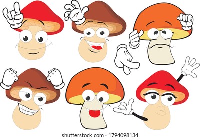 Vector set of cartoon character with many expressions. Mashrooms.