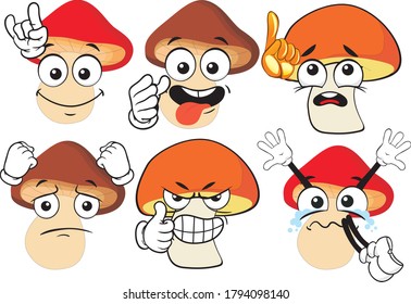 Vector set of cartoon character with many expressions. Mashrooms.